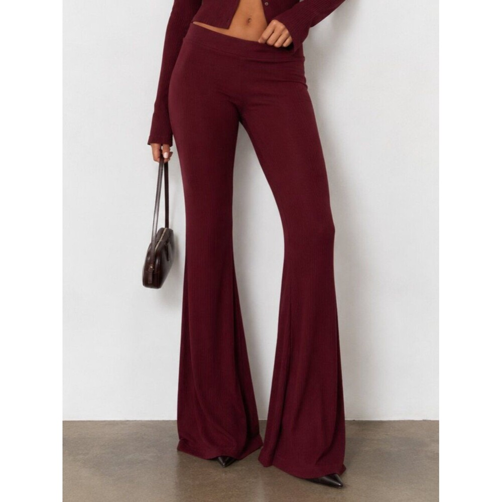 Naked Wardrobe XL Burgundy Ribbed Flare Pants Sexy Stretch Long NWT